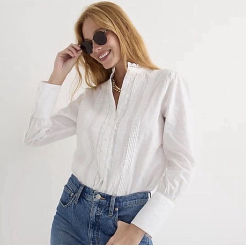 J Crew Button Up Shirt Women’s 0 XS White Cotton Top Lace Front Pintuck